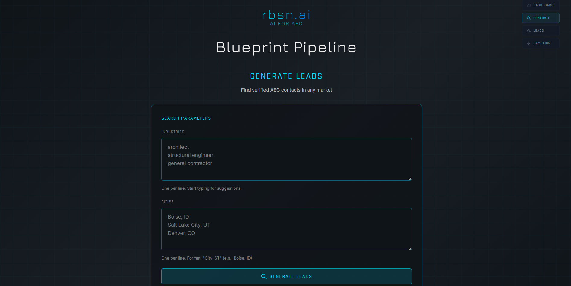 Generate Leads interface showing industry and location search